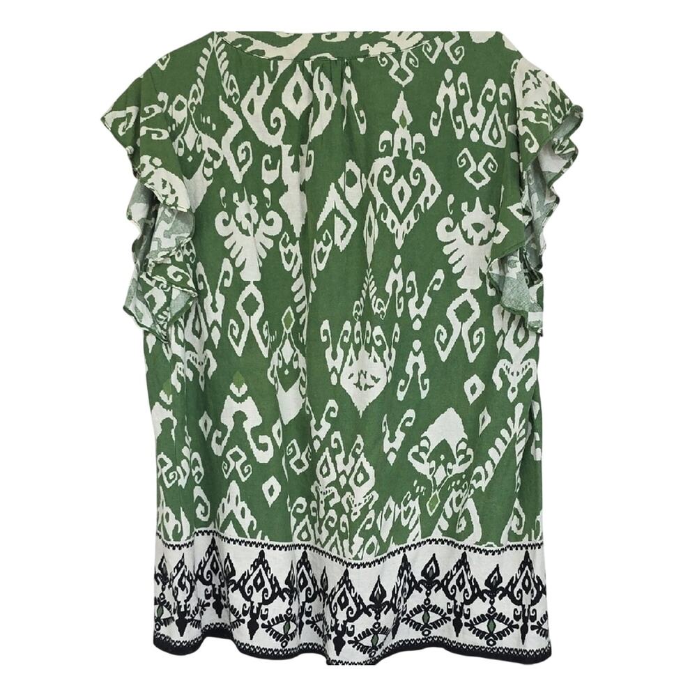 Womens Sz 1X Green/White Ikat BOHO Flutter Sleeve Linen Blend Haute Hippie Top - Picture 2 of 12